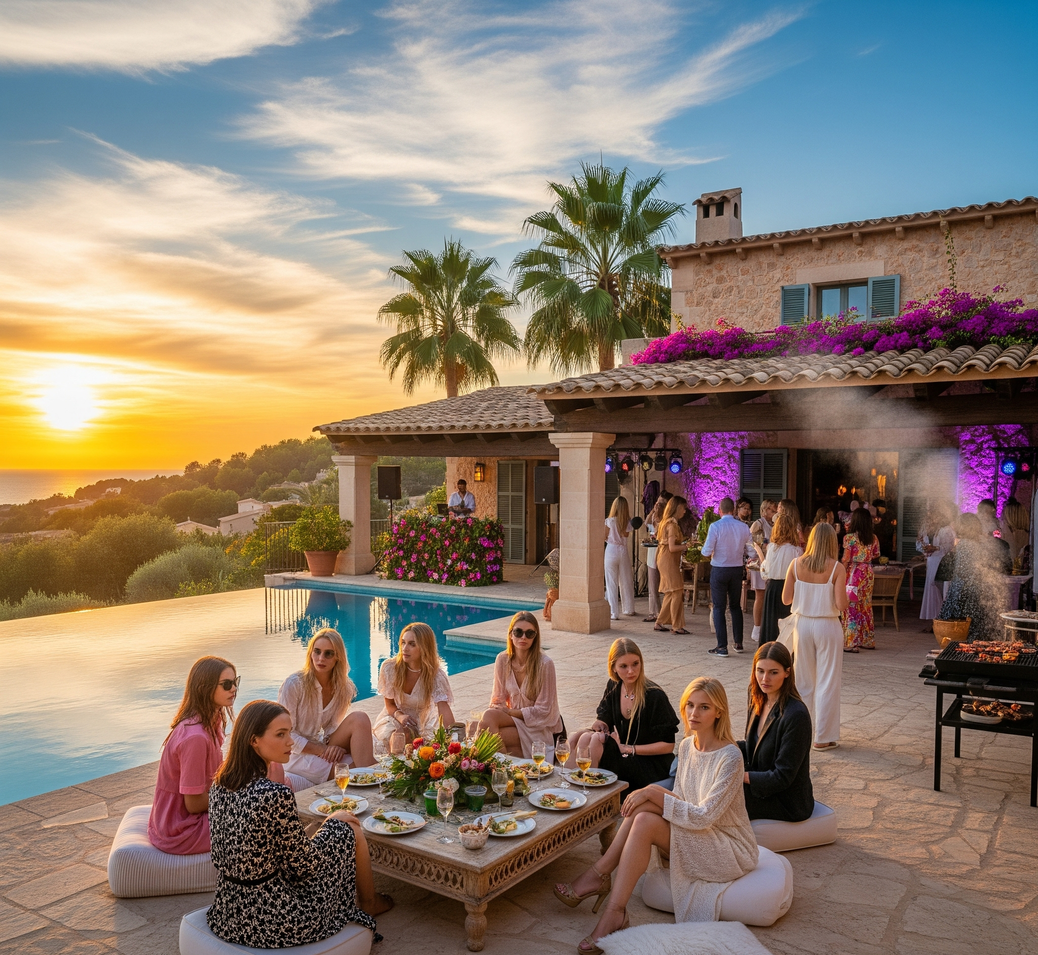 Models at a villa barbecue